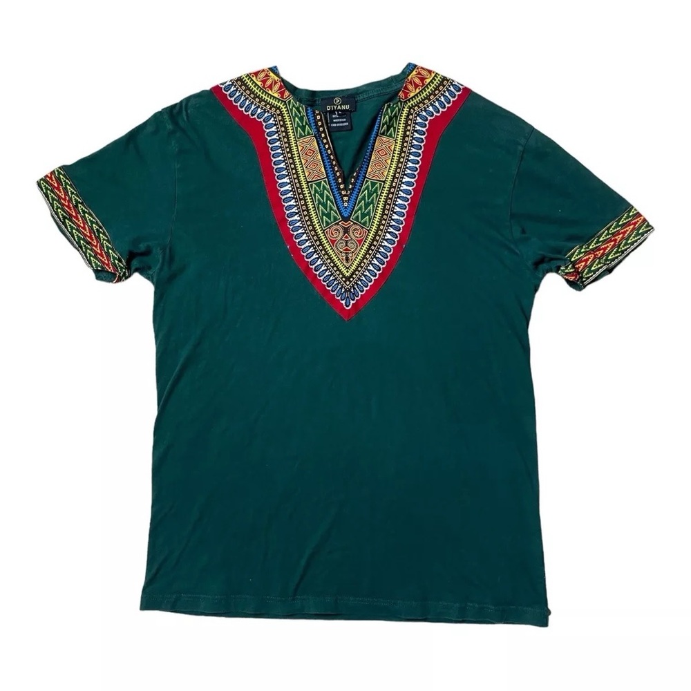 D'iyanu African Print Dashiki Green T-Shirt Embroidered Women Size L Made in USA
